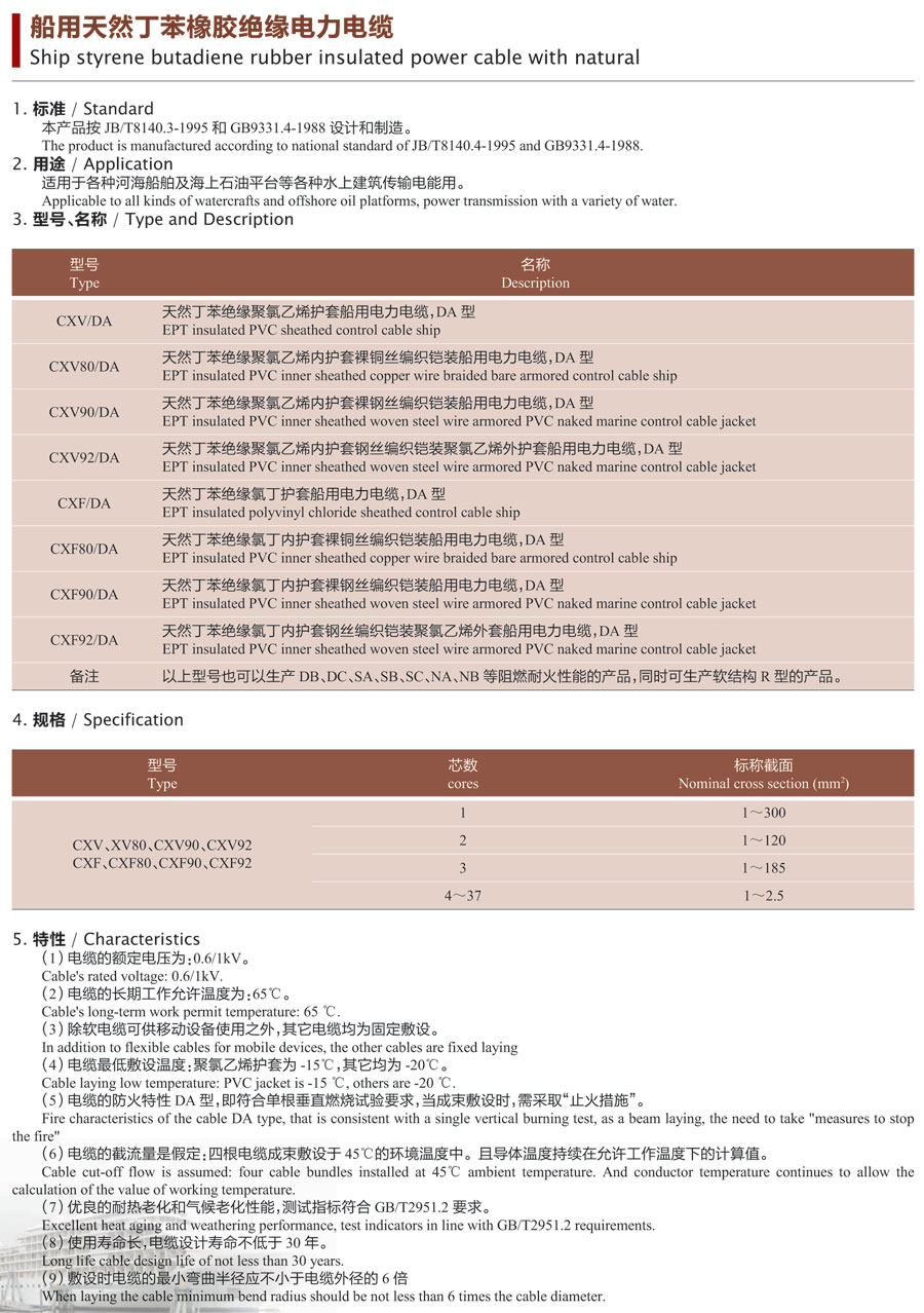 船用天然丁苯橡胶绝缘电力电缆