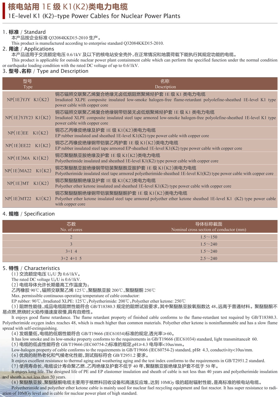 核电站用1E级K1（K2）类电力电缆